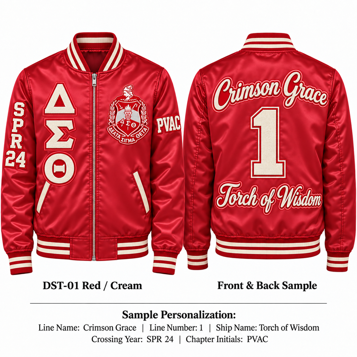 Red and cream Delta Sigma Theta satin bomber jacket shown front and back with sample line personalization