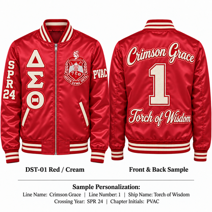 Red and cream Delta Sigma Theta satin bomber jacket shown front and back with sample line personalization