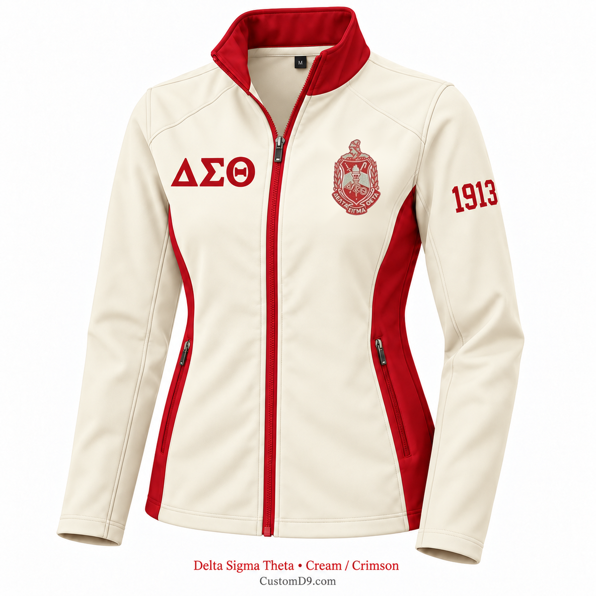 Delta Sigma Theta cream and crimson softshell jacket with crest, Greek letters, and 1913 sleeve embroidery