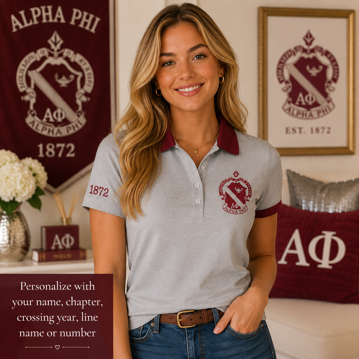 2 Tone Silver & Bordeaux Alpha Phi Embroidered Polo Shirt – Personalized Sorority Polo - product image 1