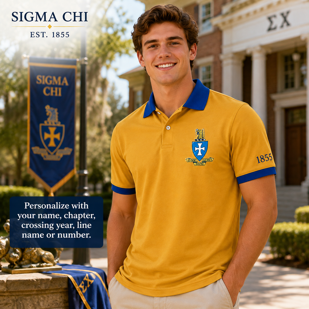 2 Tone Old Gold & Blue Sigma Chi Embroidered Polo Shirt – Personalized Fraternity Polo - product image 1