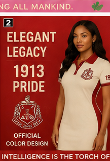 Delta Sigma Theta cream polo dress with crimson collar, trim, and side panels