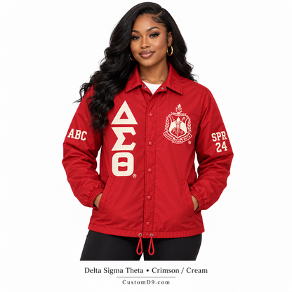 Model wearing crimson Delta Sigma Theta custom line jacket
