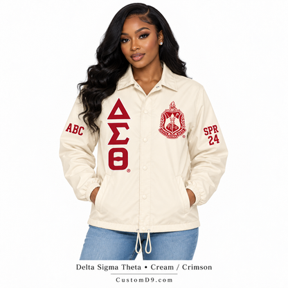 Model wearing cream Delta Sigma Theta custom line jacket