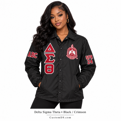 Model wearing white Delta Sigma Theta custom line jacket