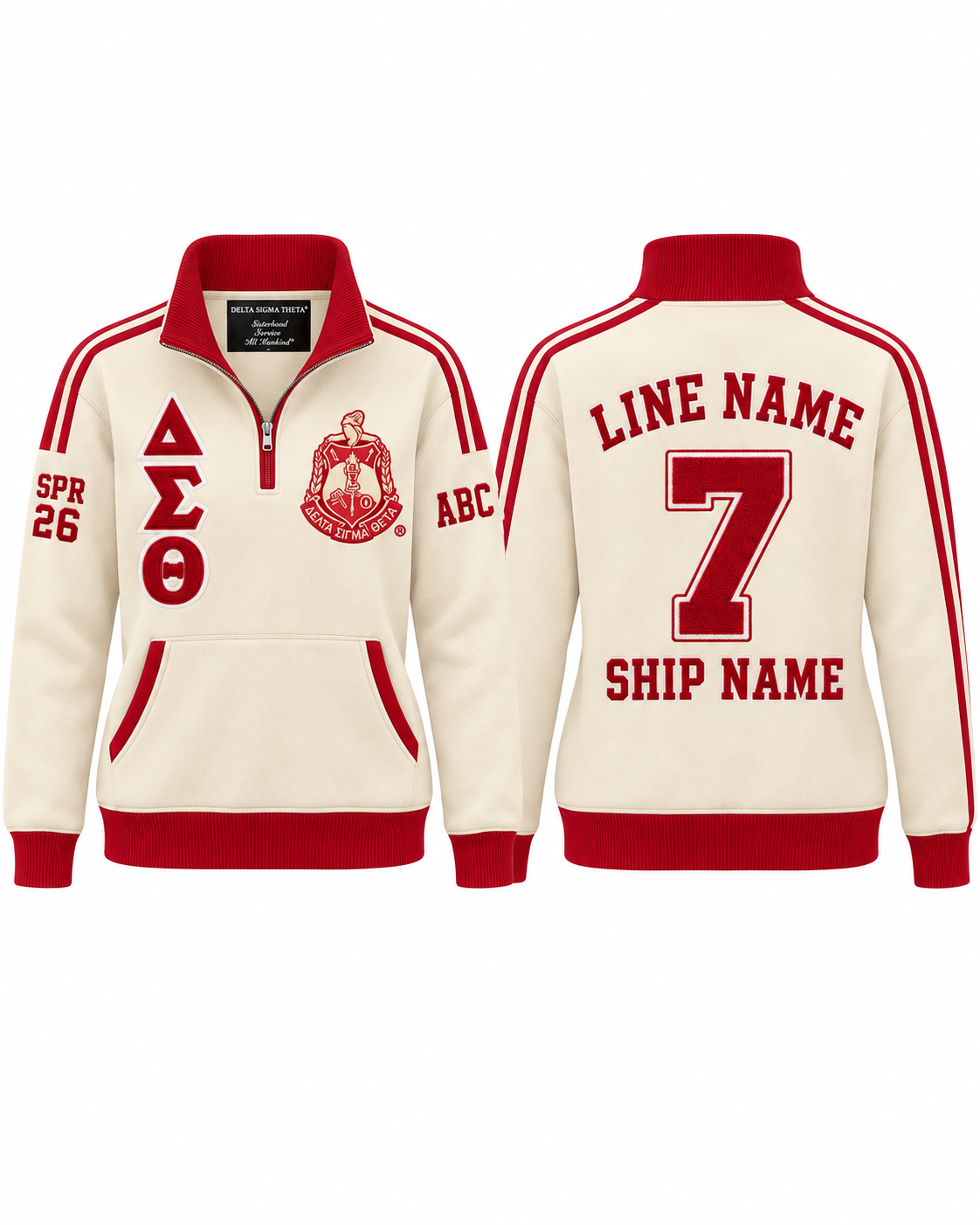 Front and back views of a Delta Sigma Theta cream and crimson custom quarter-zip
