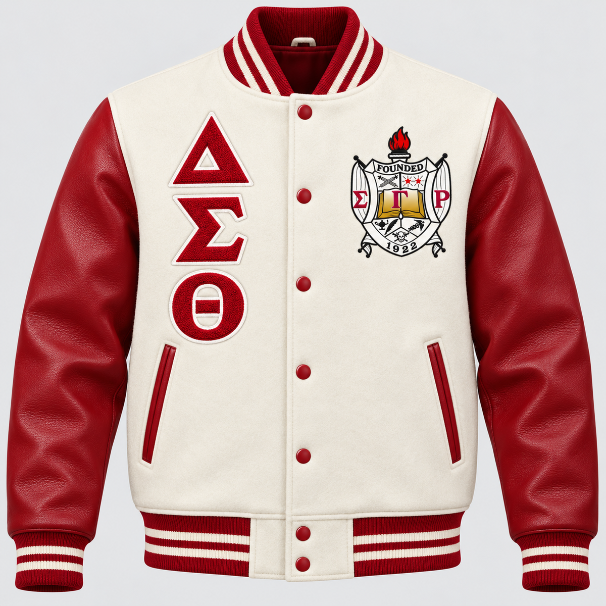 Delta Sigma Theta reverse color classic varsity jacket with cream wool body, crimson leather sleeves, crest and stacked Delta Sigma Theta letters