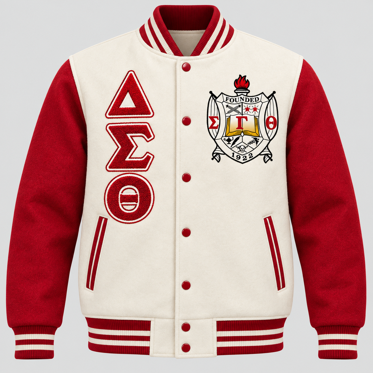 Delta Sigma Theta reverse color classic varsity jacket with cream wool body, crimson wool sleeves, crest and stacked Delta Sigma Theta letters