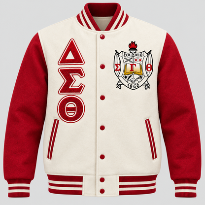 Delta Sigma Theta reverse color classic varsity jacket with cream wool body, crimson wool sleeves, crest and stacked Delta Sigma Theta letters