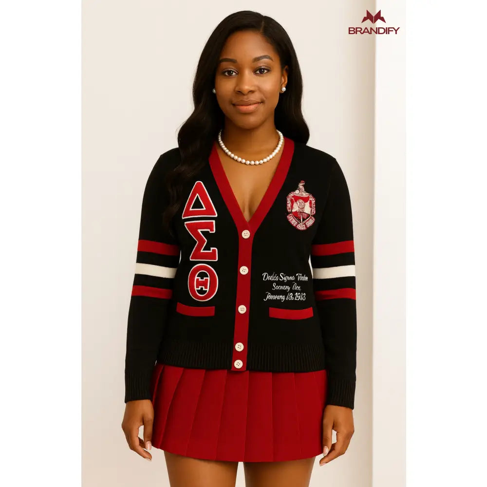 Custom Delta Sigma Theta Cardigan front view with personalized crimson and cream design