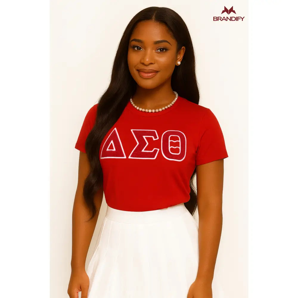 Custom Delta Sigma Theta Chenille Tee front view with personalized crimson and cream design