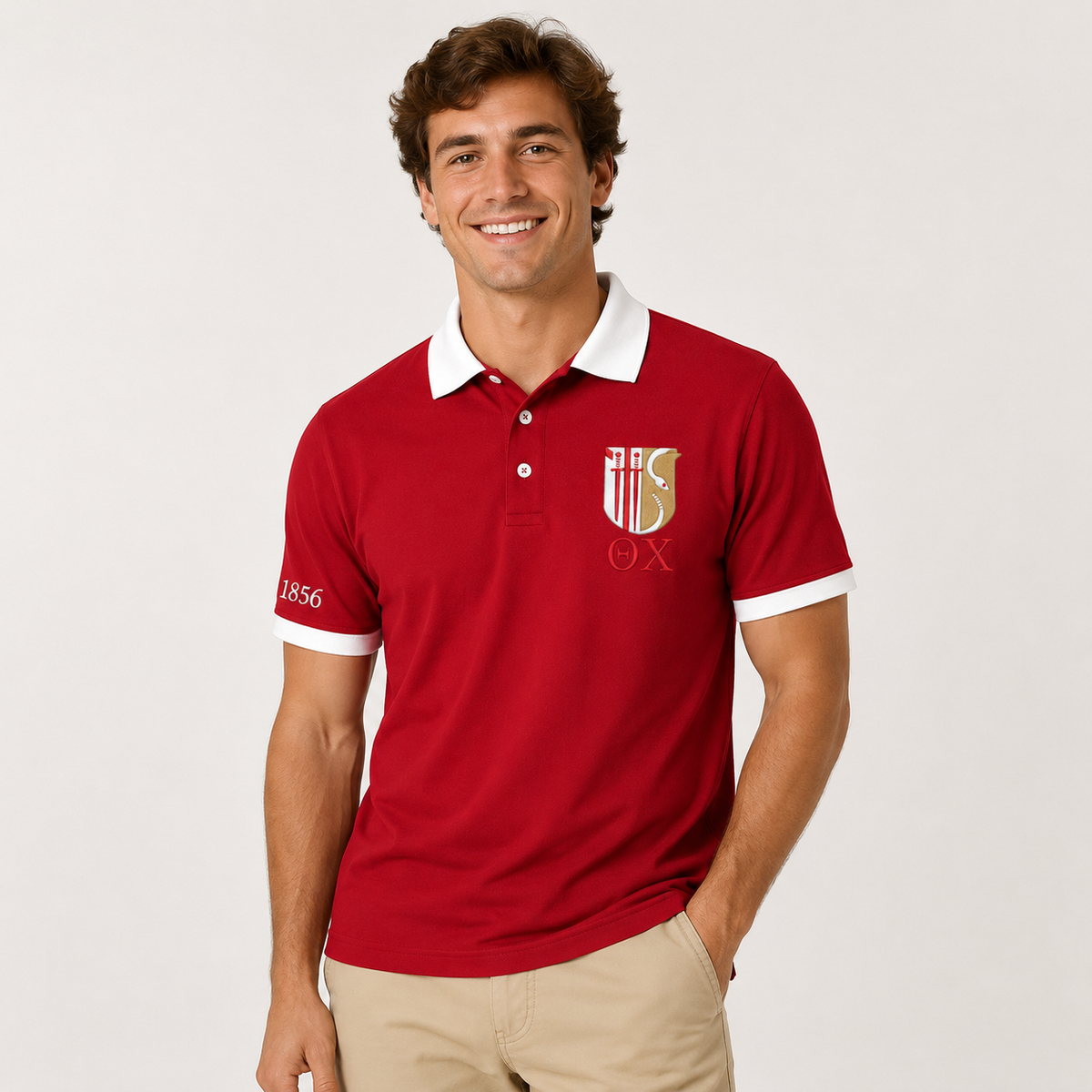 2 Tone Military Red & White Theta Chi Embroidered Polo Shirt – Personalized Fraternity Polo - product image 1