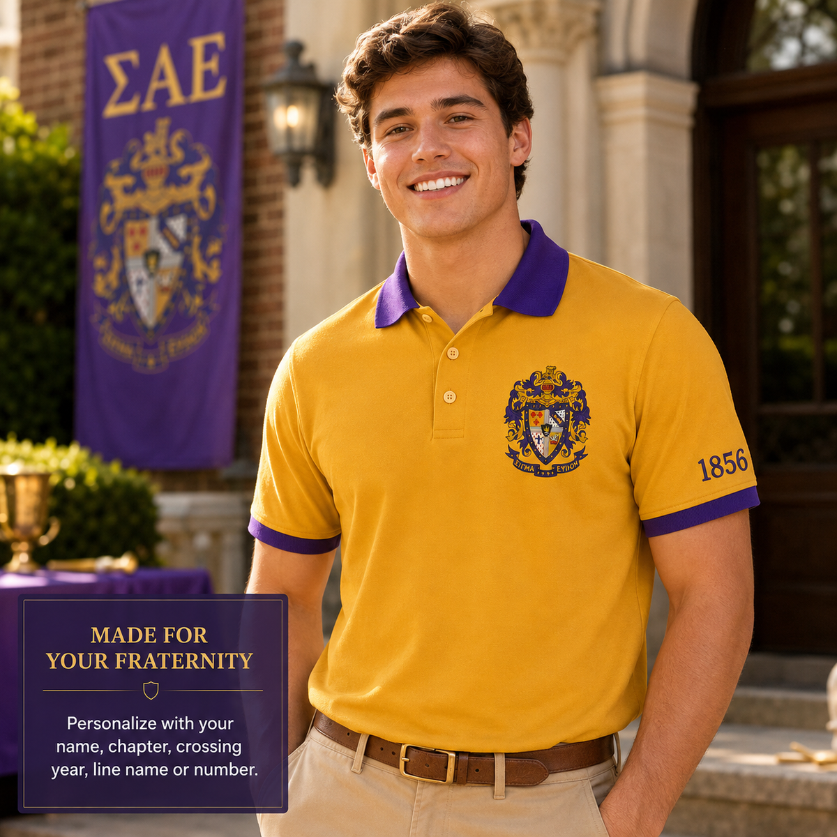 2 Tone Old Gold & Royal Purple Sigma Alpha Epsilon Embroidered Polo Shirt – Personalized Fraternity Polo - product image 2