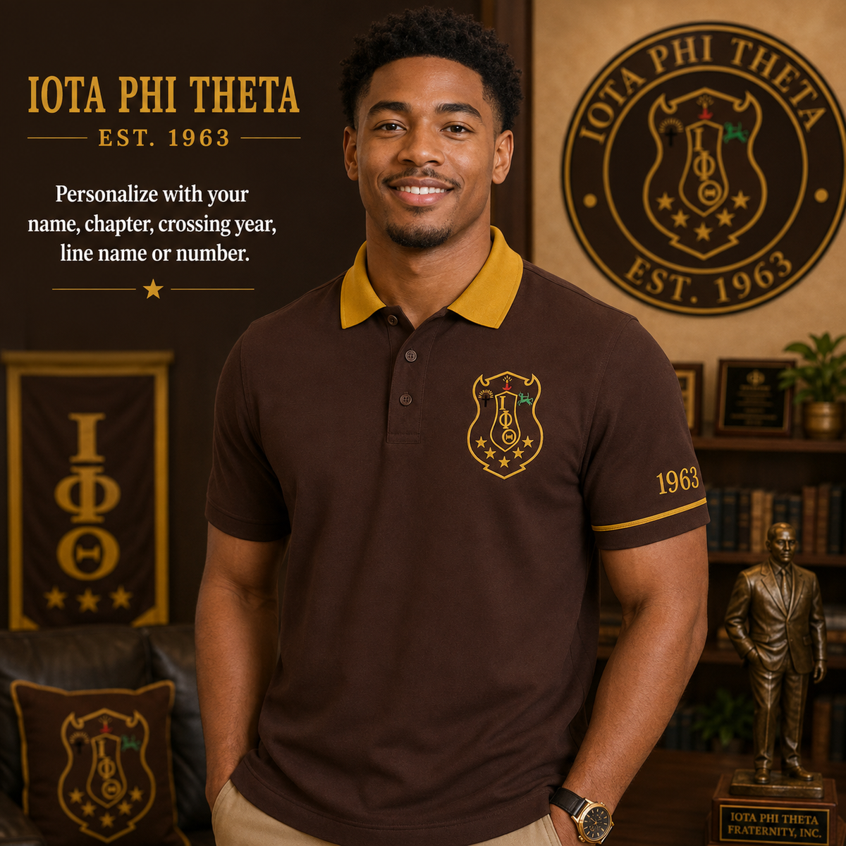 2 Tone Brown & Gold Iota Phi Theta Embroidered Polo Shirt – Personalized Fraternity Polo - product image 3
