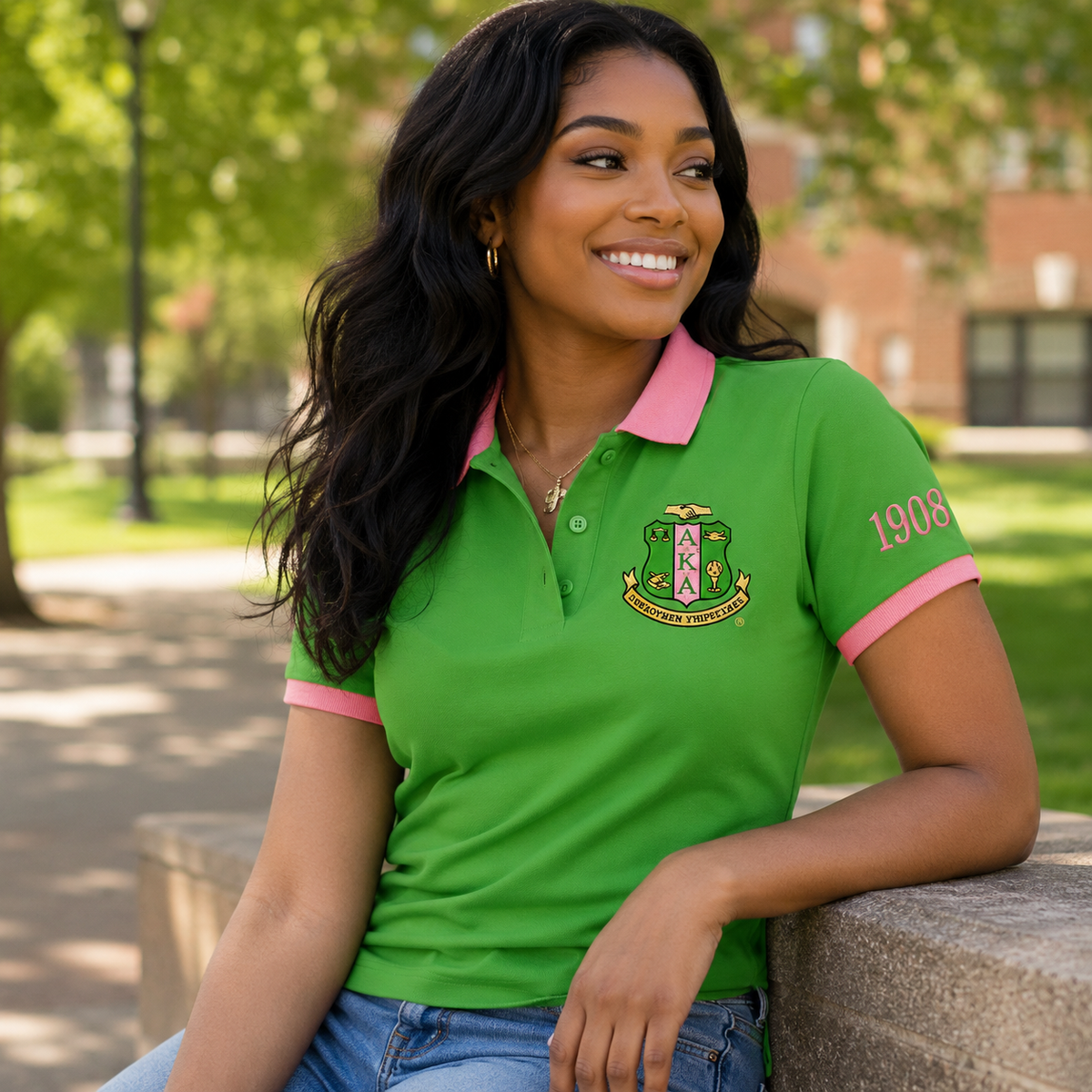 2 Tone Apple Green & Salmon Pink Alpha Kappa Alpha Embroidered Polo Shirt – Personalized Sorority Polo - product image 2