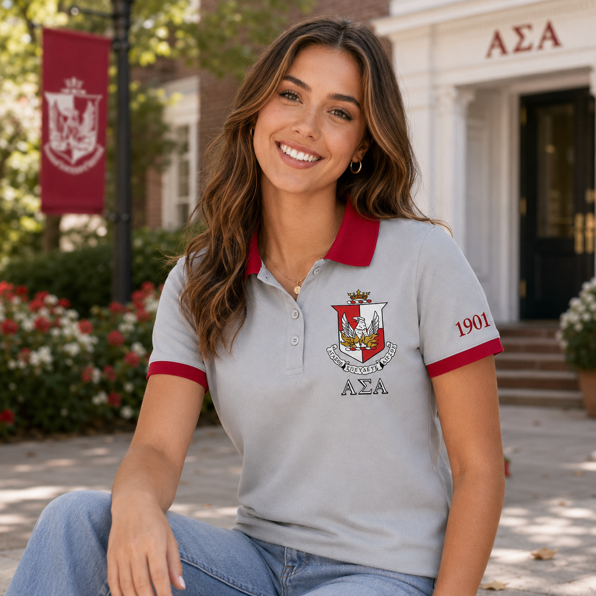 2 Tone Silver & Crimson Alpha Sigma Alpha Embroidered Polo Shirt – Personalized Sorority Polo - product image 3