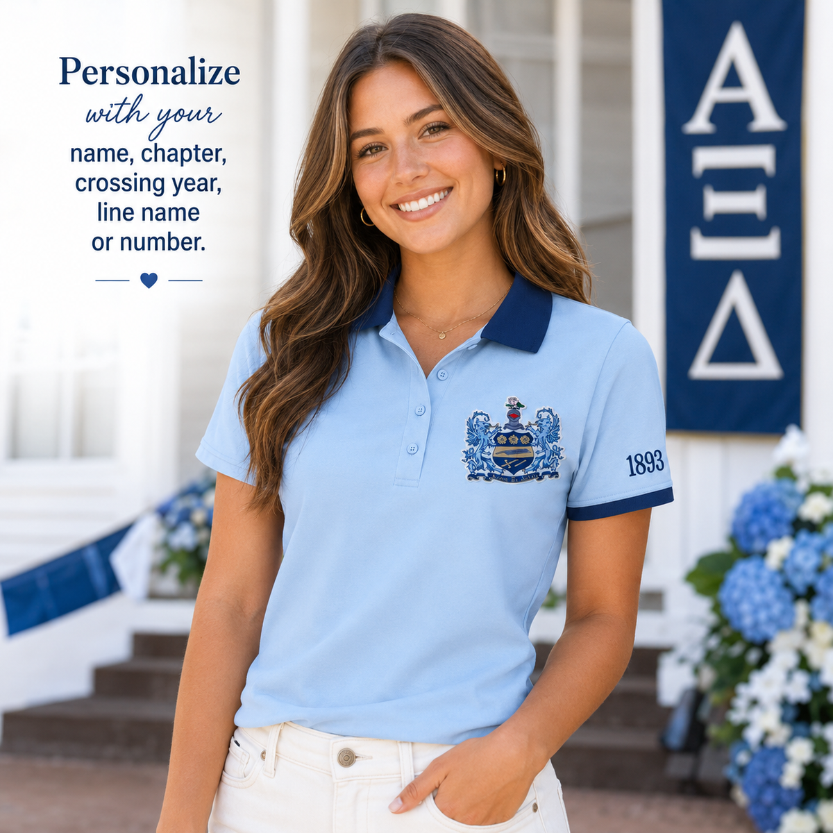 2 Tone Light Blue & Dark Blue Alpha Xi Delta Embroidered Polo Shirt – Personalized Sorority Polo - product image 1