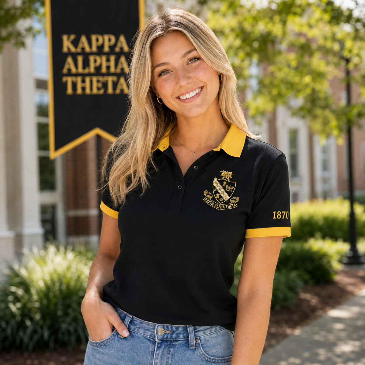 2 Tone Black & Gold Kappa Alpha Theta Embroidered Polo Shirt – Personalized Sorority Polo - product image 3