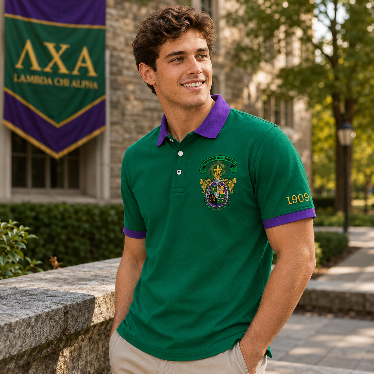 2 Tone Green & Purple Lambda Chi Alpha Embroidered Polo Shirt – Personalized Fraternity Polo - product image 3