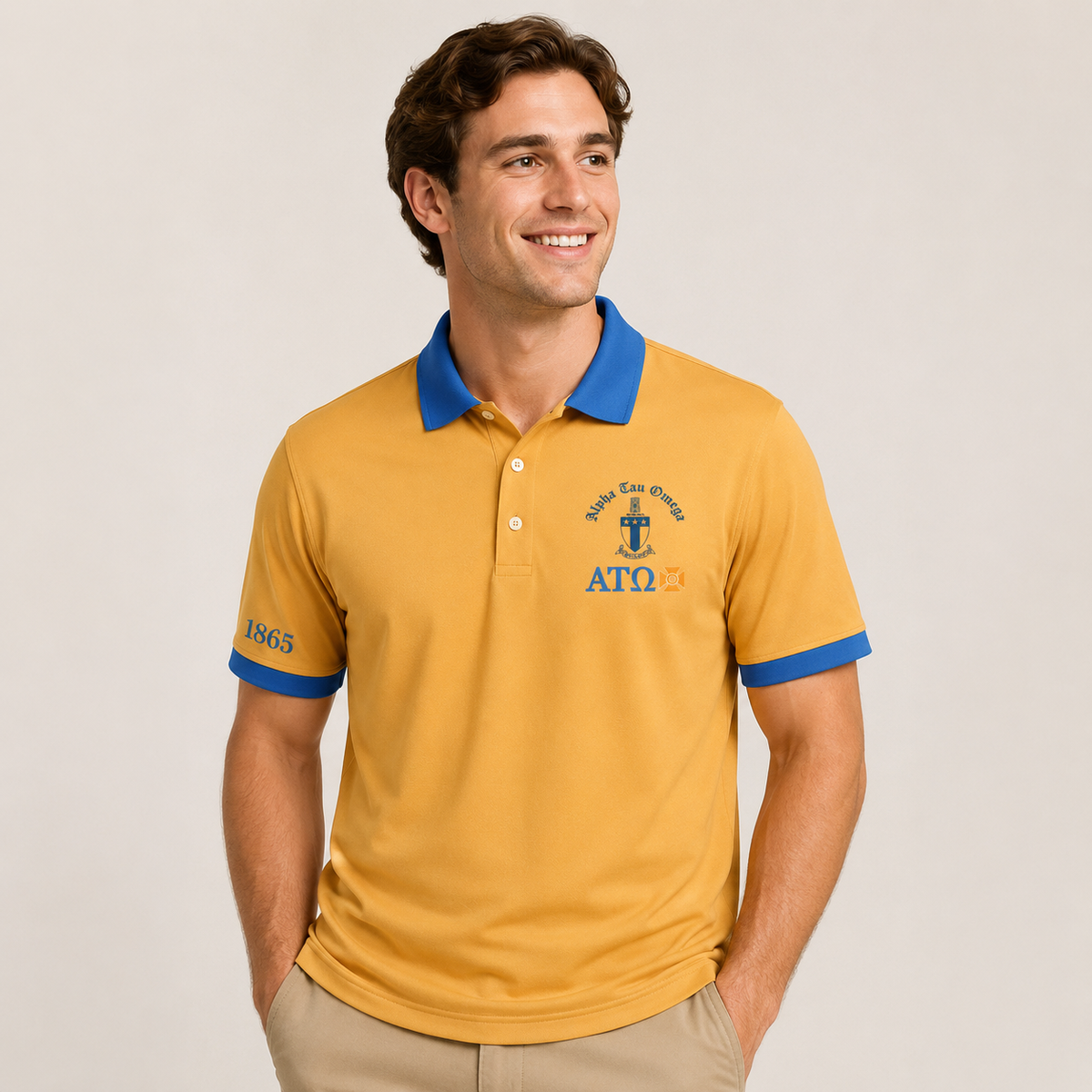 2 Tone Old Gold & Azure Blue Alpha Tau Omega Embroidered Polo Shirt – Personalized Fraternity Polo - product image 1
