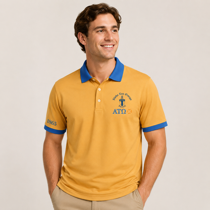 2 Tone Old Gold & Azure Blue Alpha Tau Omega Embroidered Polo Shirt – Personalized Fraternity Polo - product image 1