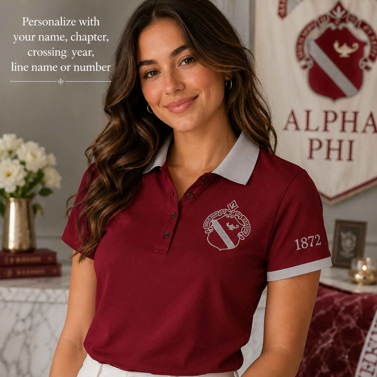 2 Tone Bordeaux & Silver Alpha Phi Embroidered Polo Shirt – Personalized Sorority Polo - product image 3