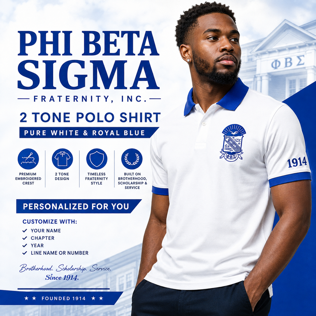 2 Tone Pure White & Royal Blue Phi Beta Sigma Embroidered Polo Shirt – Personalized Fraternity Polo - product image 1