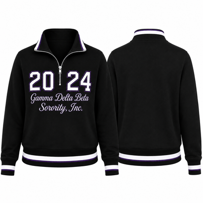 Gamma Delta Beta black quarter-zip pullover front and plain back views with purple and white trim