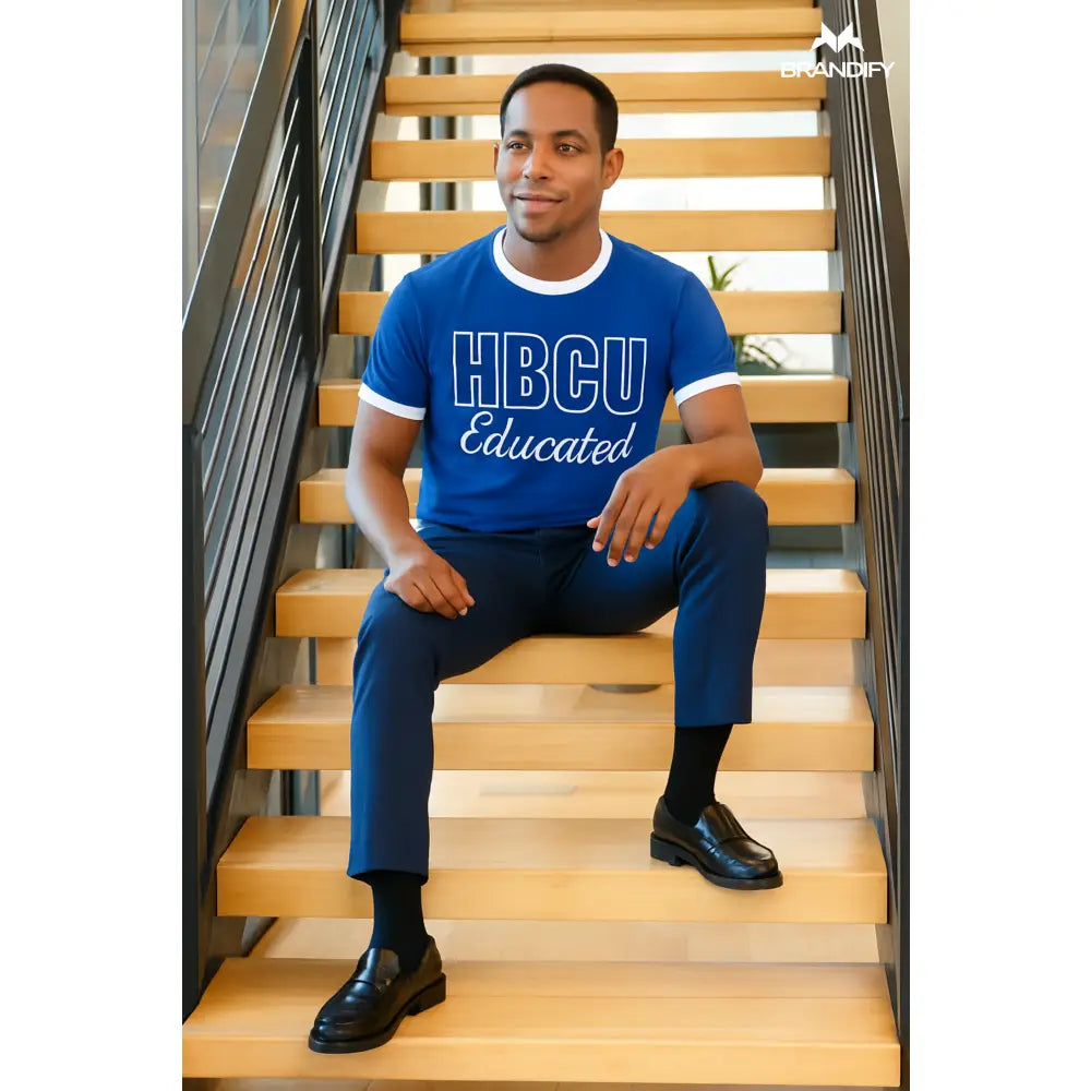 Model wearing a men’s blue and white Phi Beta Sigma HBCU Educated chenille T-shirt