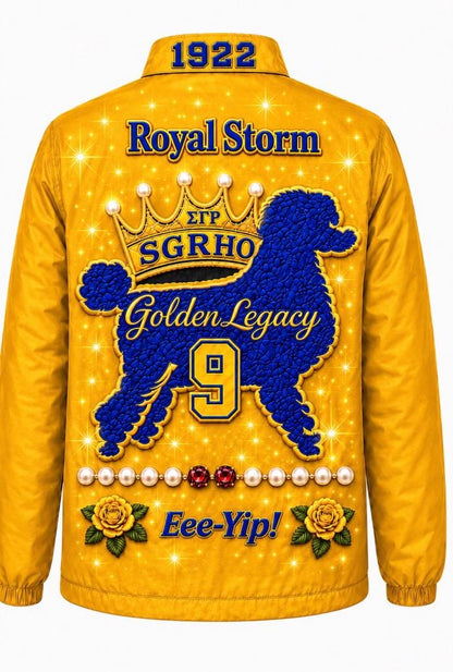 Custom Sigma Gamma Rho gold line jacket back with Royal Storm Golden Legacy poodle and personalized embroidery