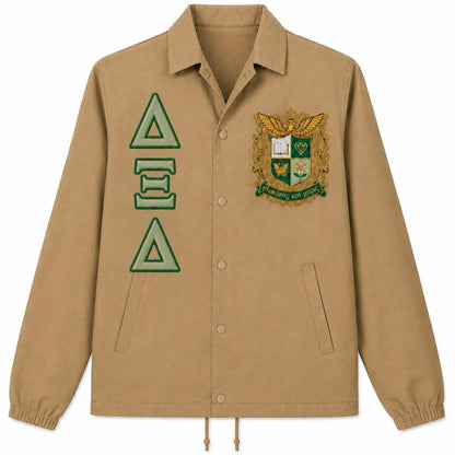 Cream custom sorority line jacket with embroidered crest and Greek letters