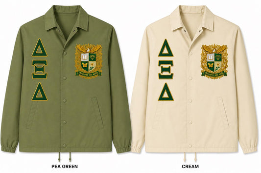 Pea green and cream Delta Xi Delta embroidered line jackets with Greek letters and crest