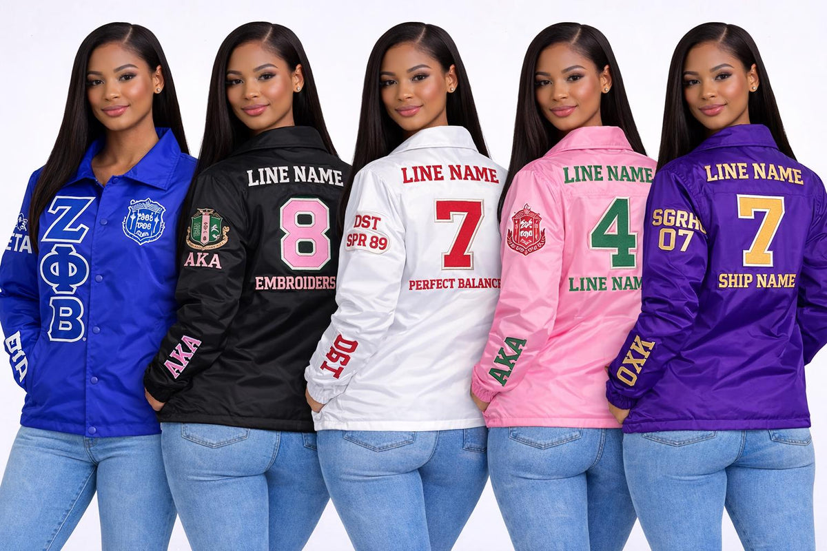 Royal Blue / White Alpha Kappa Alpha Coach Line Jacket with personalized front, back, and sleeve embroidery