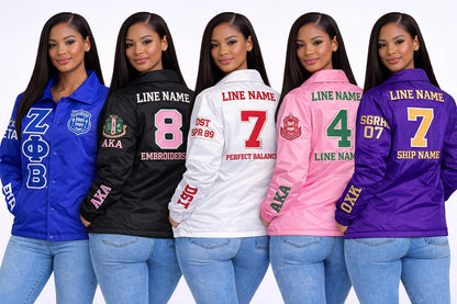 Royal Blue / White Alpha Kappa Alpha Coach Line Jacket with personalized front, back, and sleeve embroidery