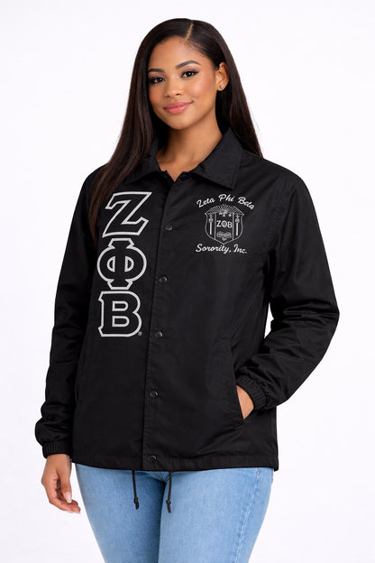 Black / Red Zeta Phi Beta Coach Line Jacket with personalized front, back, and sleeve embroidery
