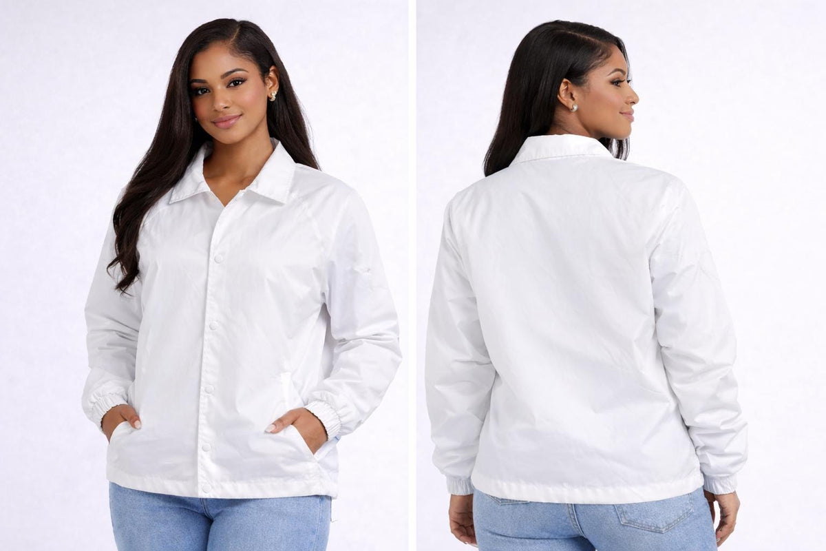 White / Red Zeta Phi Beta Coach Line Jacket with personalized front, back, and sleeve embroidery