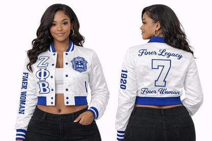 White / Red Zeta Phi Beta Cropped Line Jacket with personalized front, back, and sleeve embroidery