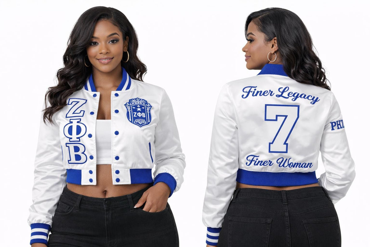 White / Red Zeta Phi Beta Cropped Line Jacket with personalized front, back, and sleeve embroidery