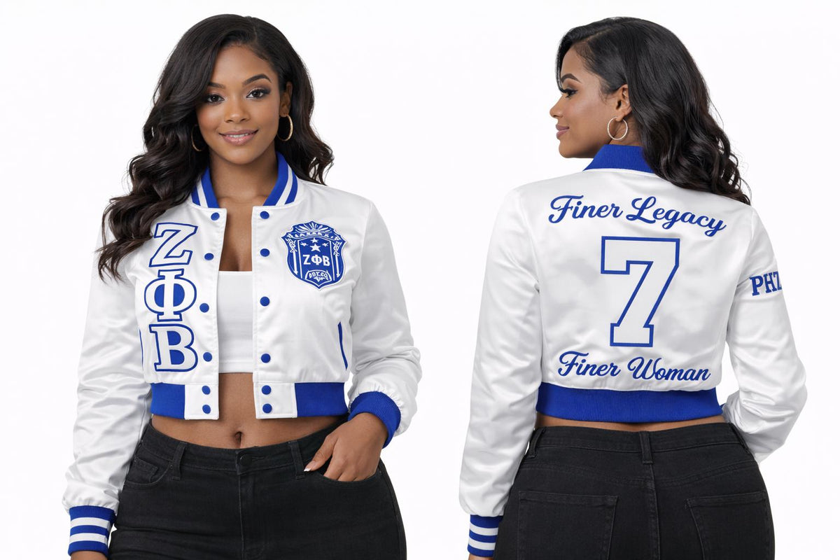 White / Red Zeta Phi Beta Cropped Line Jacket with personalized front, back, and sleeve embroidery