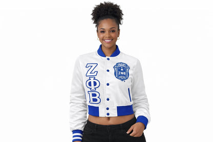 White / Red Zeta Phi Beta Cropped Line Jacket with personalized front, back, and sleeve embroidery