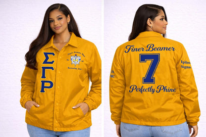 Red Sigma Gamma Rho Coach Line Jacket with personalized front, back, and sleeve embroidery