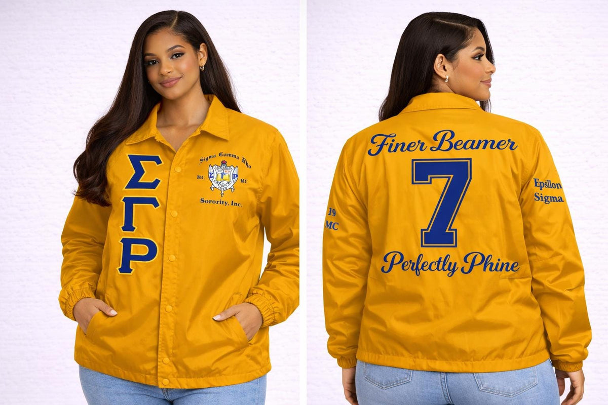 Gold / Red Sigma Gamma Rho Coach Line Jacket with personalized front, back, and sleeve embroidery