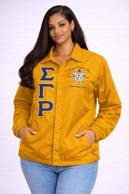 Red Sigma Gamma Rho Coach Line Jacket with personalized front, back, and sleeve embroidery