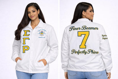 Red Sigma Gamma Rho Coach Line Jacket with personalized front, back, and sleeve embroidery