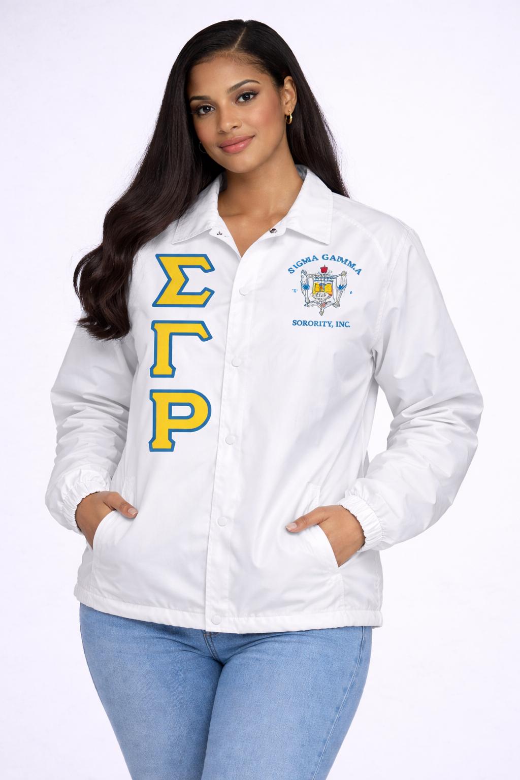 Red Sigma Gamma Rho Coach Line Jacket with personalized front, back, and sleeve embroidery