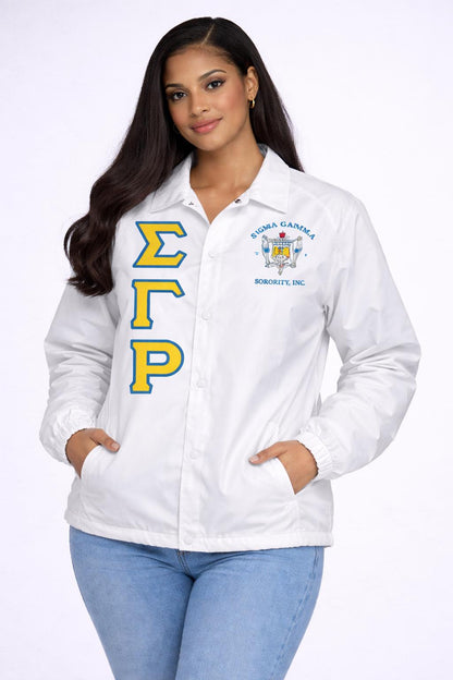 Red Sigma Gamma Rho Coach Line Jacket with personalized front, back, and sleeve embroidery
