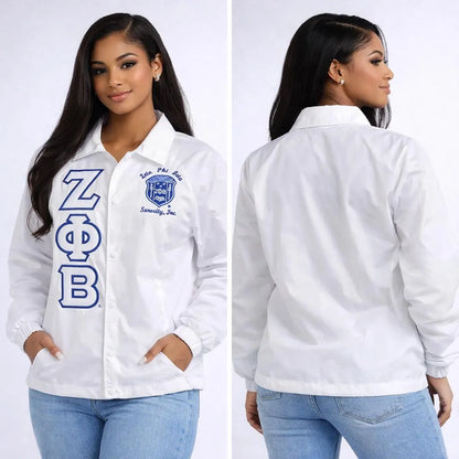 Red custom embroidered Coach Line Jacket with personalized front, back, and sleeve embroidery