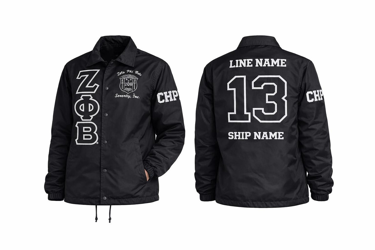 Black / Red Zeta Phi Beta Coach Line Jacket with personalized front, back, and sleeve embroidery