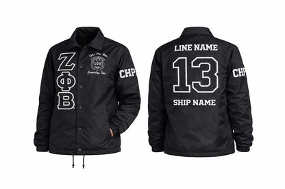 Black / Red Zeta Phi Beta Coach Line Jacket with personalized front, back, and sleeve embroidery