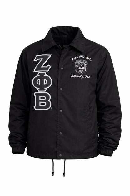 Black / Red Zeta Phi Beta Coach Line Jacket with personalized front, back, and sleeve embroidery